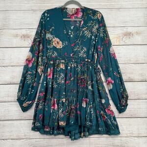 Free People Floral Rough Seam Semi Sheer Sleeve Mini Dress Womens Small Green